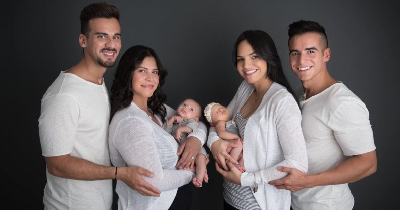 Mothers Mariely Martinez,left, and Carla Melendez, right with fathers Juny Roman and Alex Torres and newborns Marla and Matteo