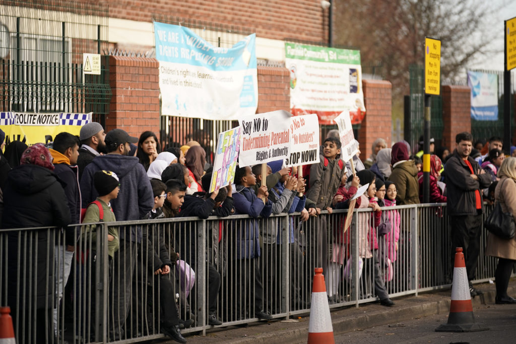 Protestors lined up outside of Parkfield School, Birmingham