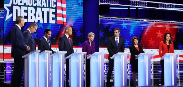 Democratic presidential candidates New York City Mayor Bill De Blasio, Rep. Tim Ryan, former housing secretary Julian Castro, Sen. Cory Booker, Sen. Elizabeth Warren, former Texas congressman Beto O'Rourke, Sen. Amy Klobuchar and Rep. Tulsi Gabbard face off in the first Democrats presidential debate on June 26, 2019 in Miami, Florida.