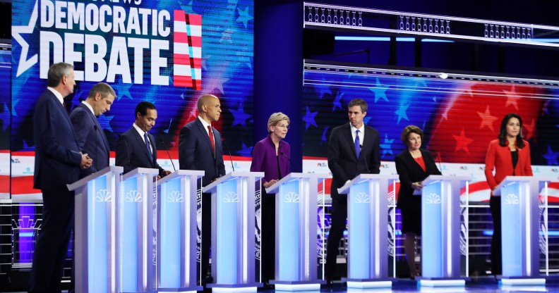 Democratic presidential candidates New York City Mayor Bill De Blasio, Rep. Tim Ryan, former housing secretary Julian Castro, Sen. Cory Booker, Sen. Elizabeth Warren, former Texas congressman Beto O'Rourke, Sen. Amy Klobuchar and Rep. Tulsi Gabbard face off in the first Democrats presidential debate on June 26, 2019 in Miami, Florida.