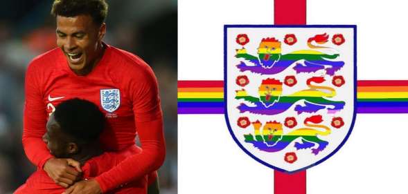 England's Dele Alli and Danny Welbeck celebrate, and the flag which will be waved on Monday (Alex Livesey/Getty and three lions pride/facebook)