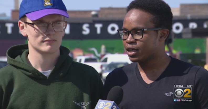 Kendall Anderson and Peder Sevig were asked to leave a Chicago restaurant after they hugged each other. (CBS Chicago/YouTube)