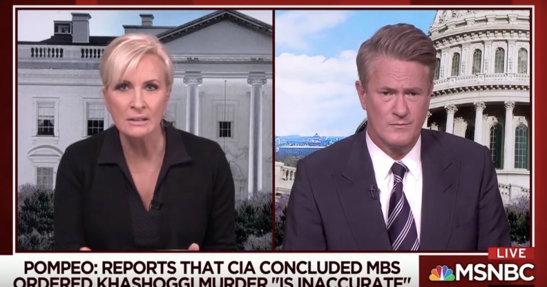 A screenshot from Morning Joe when host Mika Brzezinski called Secretary of State Mike Pompeo a "wannabe dictator's butt boy."