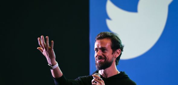 Twitter CEO and co-founder Jack Dorsey gestures while interacting with students at the Indian Institute of Technology in New Delhi