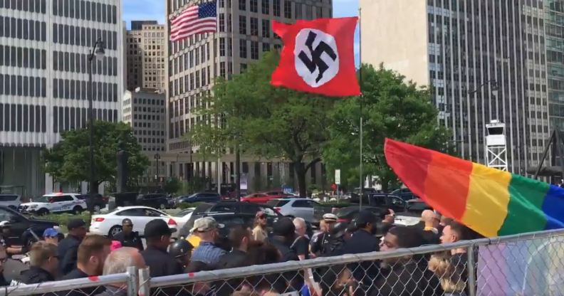 Neo-Nazi protesters were seen walking past Motor City Pride attendees in Detroit. (Twitter)