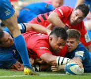 Billy Vunipola of Saracens touches down to score his team's second try during the Champions Cup Final match between Saracens and Leinster at St. James Park on May 11, 2019 in Newcastle upon Tyne, United Kingdom.