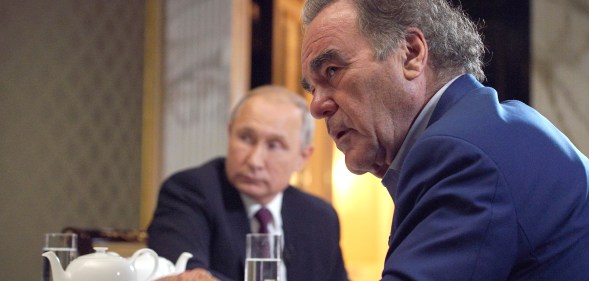 US film director Oliver Stone during an interview with the President of Russia Vladimir Putin in the Moscow Kremlin.