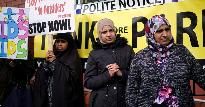 Parents, children and protesters demonstrate against the 'No Outsiders' programme, which teaches children about LGBT rights, at Parkfield Community School on March 21, 2019 in Birmingham, England.