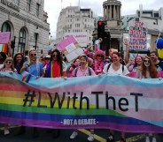 L with the T protesters lead the Pride in London parade