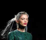 Brazilian model Valentina Sampaio presents a creation from Spanish designer Miguel Marinero's Spring/Summer 2020 collection during the Mercedes Benz Fashion Week in Madrid on July 10, 2019.