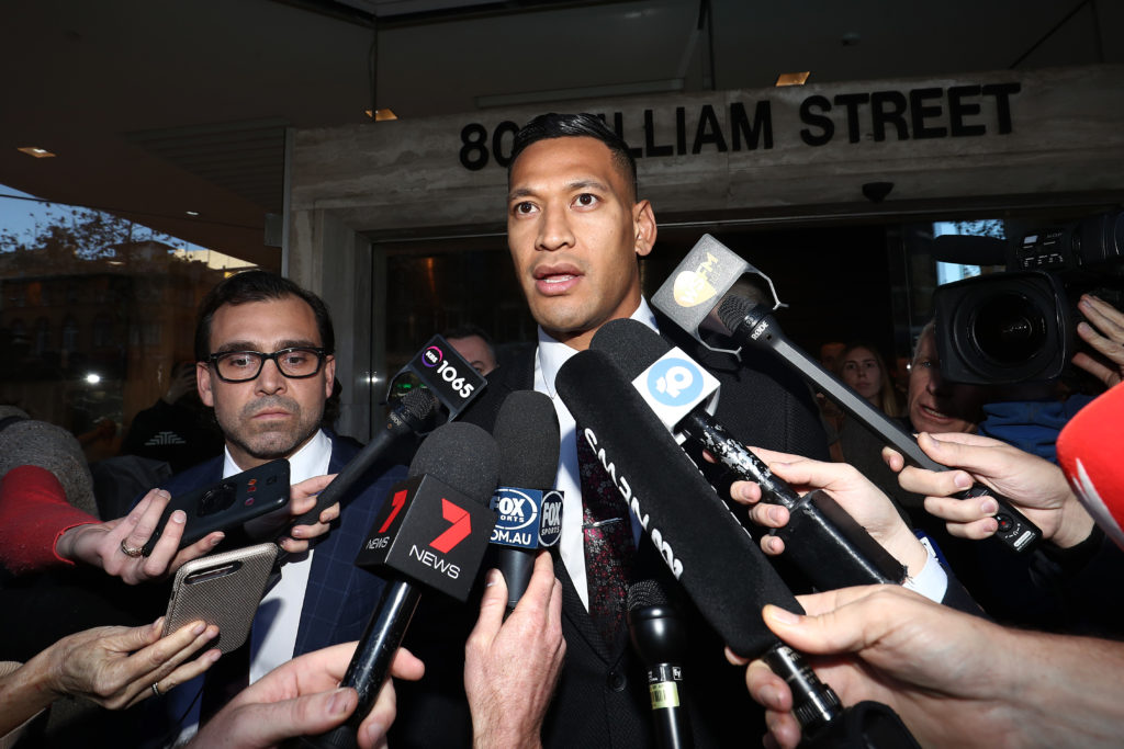 Israel Folau speaks to media following aconciliation meeting with Rugby Australia at Fair Work Commission on June 28, 2019 in Sydney, Australia. 