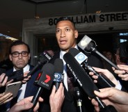 Israel Folau speaks to media following aconciliation meeting with Rugby Australia at Fair Work Commission on June 28, 2019 in Sydney, Australia.