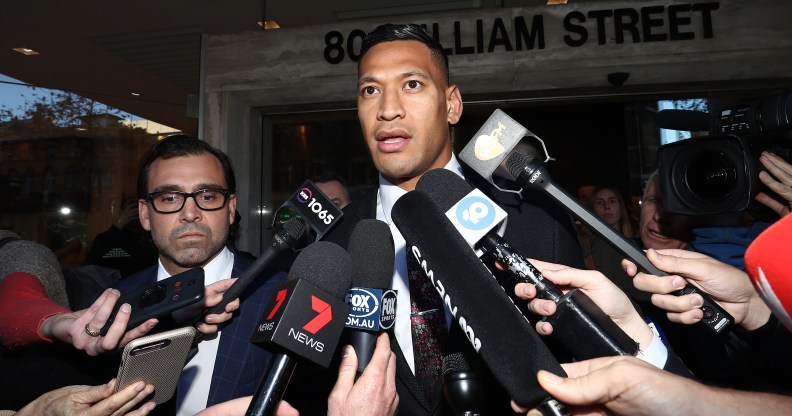 Israel Folau speaks to media following aconciliation meeting with Rugby Australia at Fair Work Commission on June 28, 2019 in Sydney, Australia.