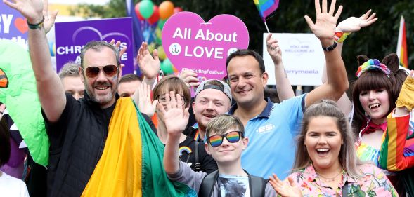 Ireland's Taoiseach Leo Varadkar (CR) joins members of the LGBT+ community and supporters as they take part in the Belfast Pride Parade 2019 in Belfast, Northern Ireland on August 3, 2019.