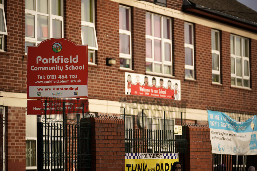 Protesters demonstrate against the 'No Outsiders' programme at Parkfield Community School on March 21, 2019 in Birmingham, England