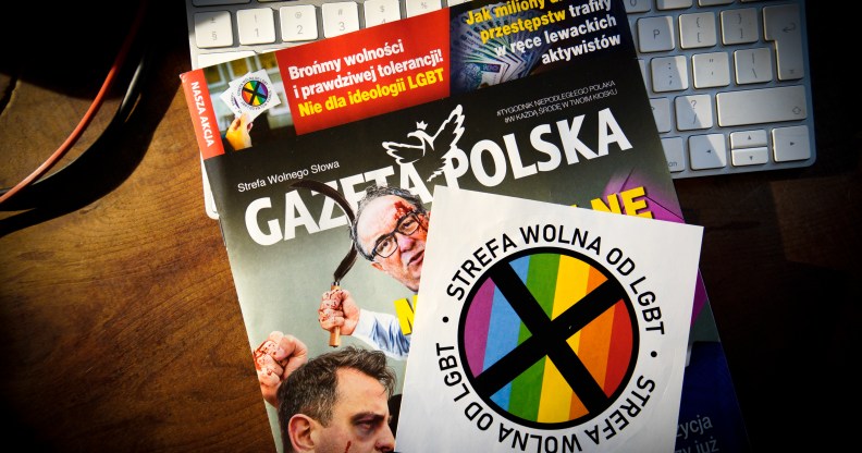 The conservative Polish Gazeta Polska magazine is including 'LGBT-free zone' stickers inside its weekly edition amid rising tensions between LGBT activists and a conservative Christian movement supported by the country's right-wing ruling party.