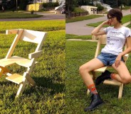 Israel Walker's nonbinary bisexual daughter models the "bi-chair" (Facebook/Israel Walker)