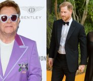 Elton John in sunglasses/ Prince Harry holding Meghan Markle's hand