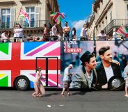 A bus with a rainbow-coloured Union Jacket