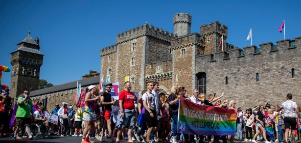 Cardiff, Wales, UK, August 24th 2019. The head of the Welsh parade passes Cardiff Castle during the Pride Cymru parade as part of a weekend of celebrations on the 20th anniversary of the event. (Photo credit should read Mark Hawkins/Composed Images / Barcroft Media via Getty Images)