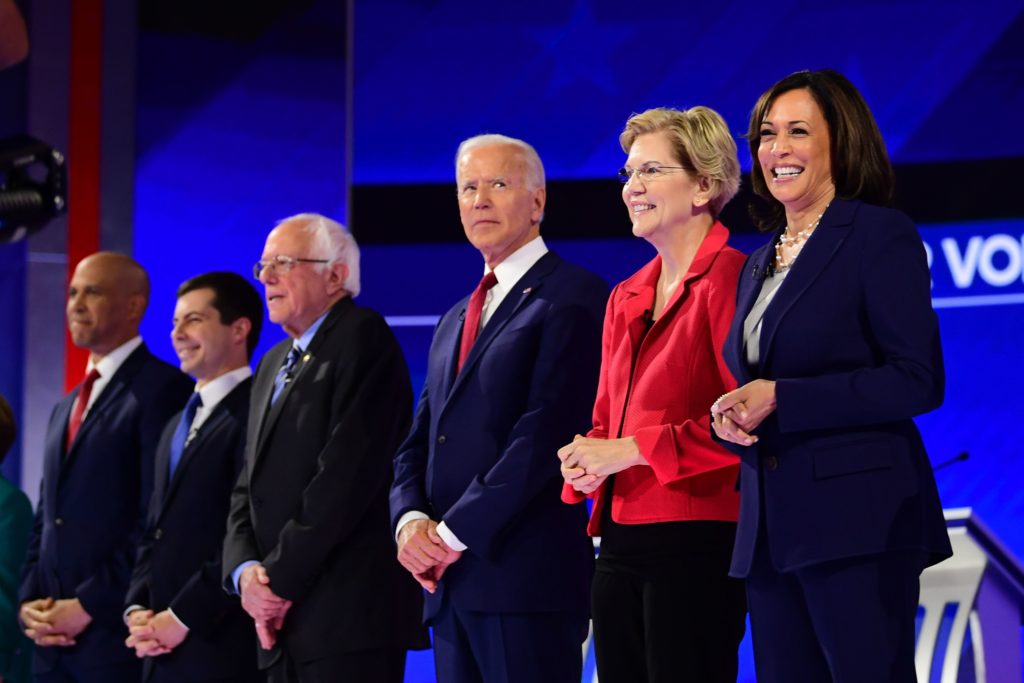 Senator of New Jersey Cory Booker, Mayor of South Bend, Indiana, Pete Buttigieg, Senator of Vermont Bernie Sanders, Former Vice President Joe Biden, Senator of Massachusetts Elizabeth Warren and Senator of California Kamala Harris at third Democratic primary debate of the 2020 presidential campaign 