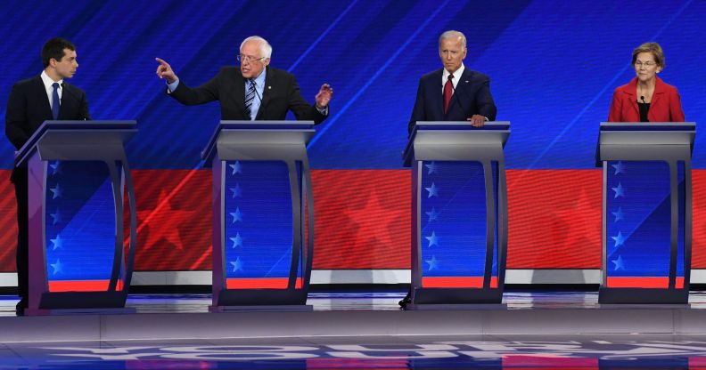 Mayor of South Bend, Indiana, Pete Buttigieg, Vermont Senator Bernie Sanders, former Vice President Joe Biden and Massachusetts Senator Elizabeth Warren during the third Democratic primary debate