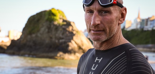 Gareth Thomas prepares to have a final swim ahead of IRONMAN Wales. (Huw Fairclough/Getty Images)