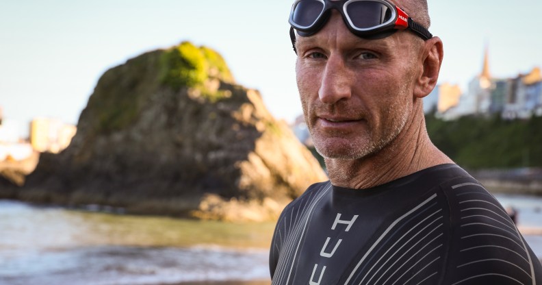 Gareth Thomas prepares to have a final swim ahead of IRONMAN Wales. (Huw Fairclough/Getty Images)