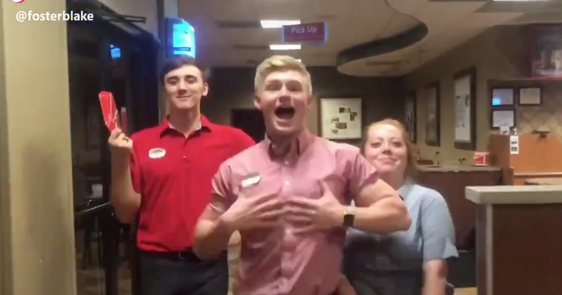 Blake Foster and two colleagues lip-synced to a Hannah Montana song in Chick-fil-A shop (TikTok)