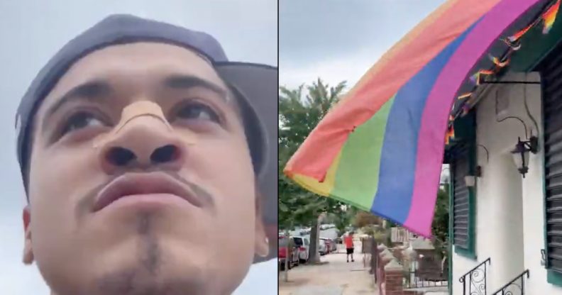 A man video himself spitting at an LGBT+ Pride flag in New York City. (Screen captures via YouTube)