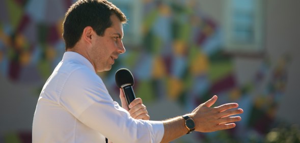 South Bend, Indiana Mayor Pete Buttigieg, who is running for the Democratic nomination for president of the United States, campaigns in Clinton, Iowa.