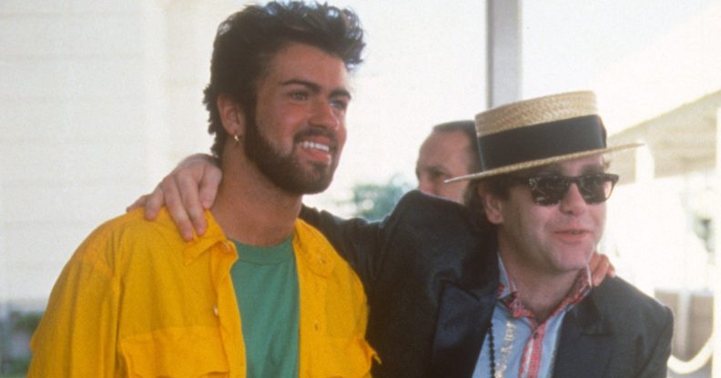 George Michael (L) and Elton John at Live Aid on July 13, 1985 in London, United Kingdom. (FG/Bauer-Griffin/Getty Images) 170612F1