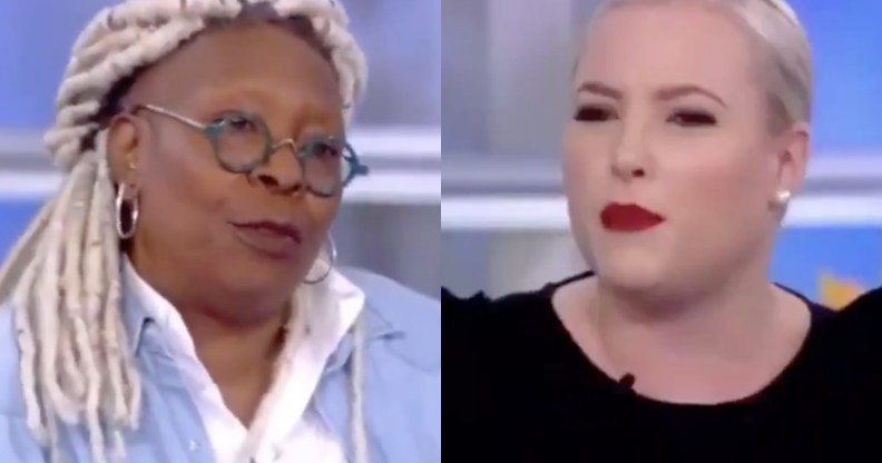 Whoopi Goldberg (L) was forced to diffuse co-host Meghan McCain on an episode of The View. (Screen captures via Twitter)