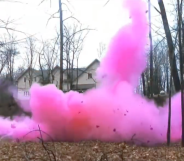 Plumes of pink smoke spread across a field in a promotional video of the Tannerite gender reveal boom box kit. (Screen capture via YouTube)