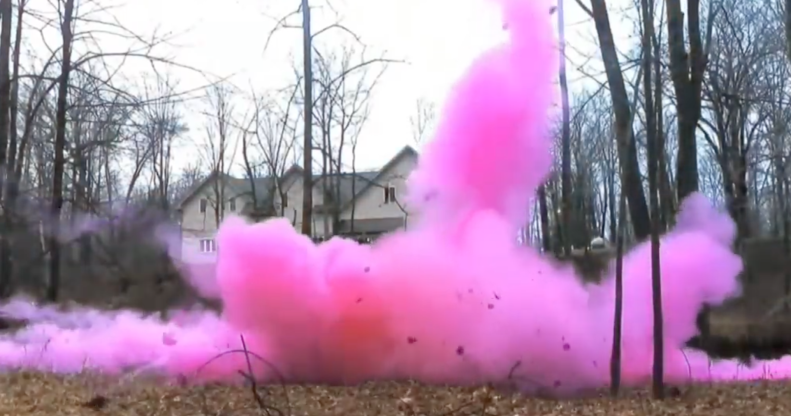 Plumes of pink smoke spread across a field in a promotional video of the Tannerite gender reveal boom box kit. (Screen capture via YouTube)