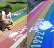 A rainbow walk with 'Jesus loves you' spray painted all over it