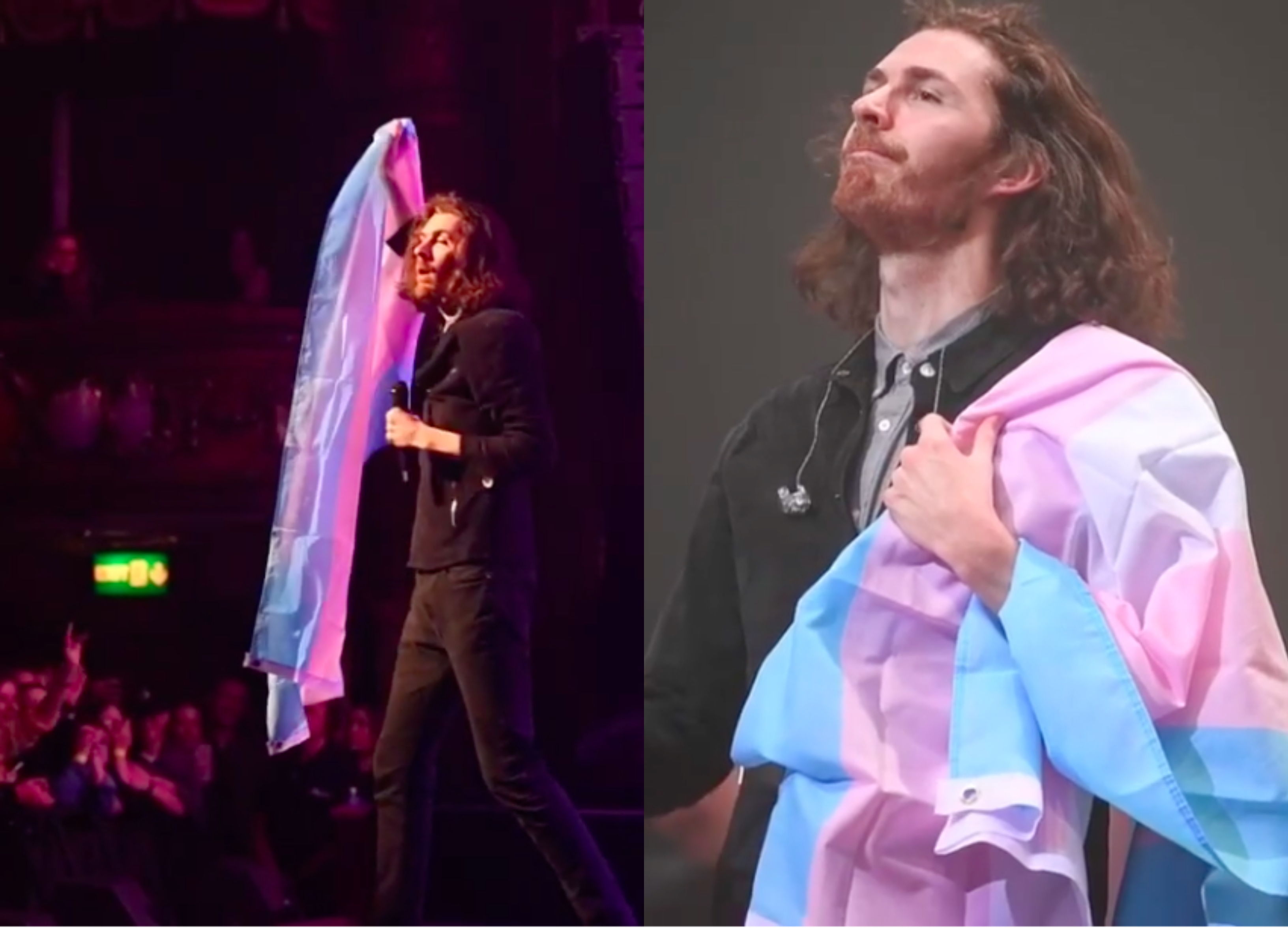 Irish singer Hozier hoisted a trans flag that a fan threw on stage and Twitter users are beside themselves. (Twitter)