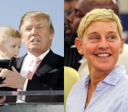 Then mere business tycoon and not US president Donald Trump (C) with son Baron, and Ellen DeGeneres. (Jean Baptiste Lacroix/WireImag via Getty/Richard Rodriguez/Getty Images)