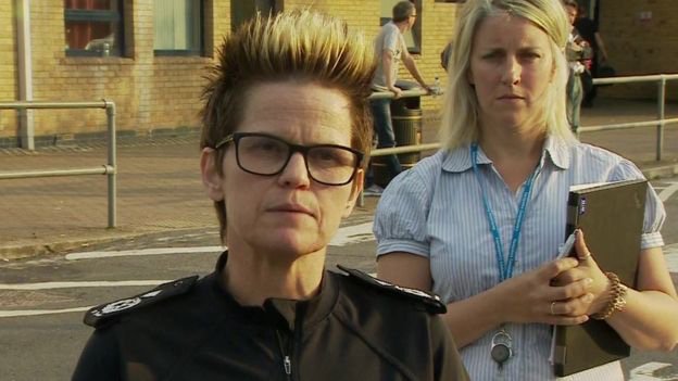 Police chief Rachel Swann (L) addresses reporters about the evacuation of Whaley Bridge in August. (Screen capture via BBC)