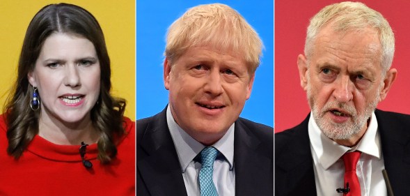 Conservative Party leader Boris Johnson (C), Labour Party leader Jeremy Corbyn (R) and Liberal Democrats leader Jo Swinson