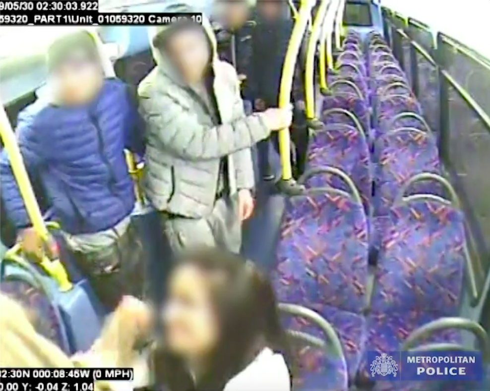 London bus attack. A group of teens loom over a same-sex couple in London before striking them. (Metropolitan Police)