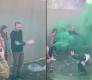 A spoof of a gender reveal party that saw party-goers choking, fainting and covered in blood has taken the practise to meme-grade glory. (Screen captures via Instagram)