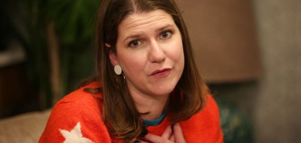 Liberal Democrats leader Jo Swinson gestures during a general election campaign visit to Manor Grange Care Home in Edinburgh, Scotland on December 5, 2019.