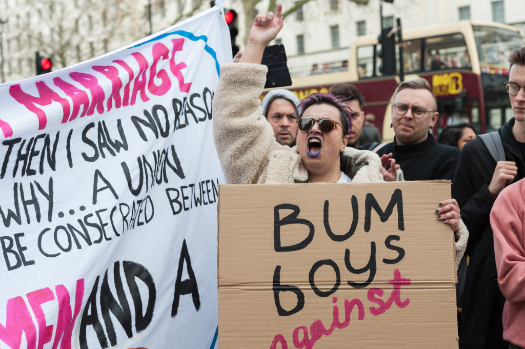 Protesters held a 'bum boys against Boris Johnson' protest outside Downing Street