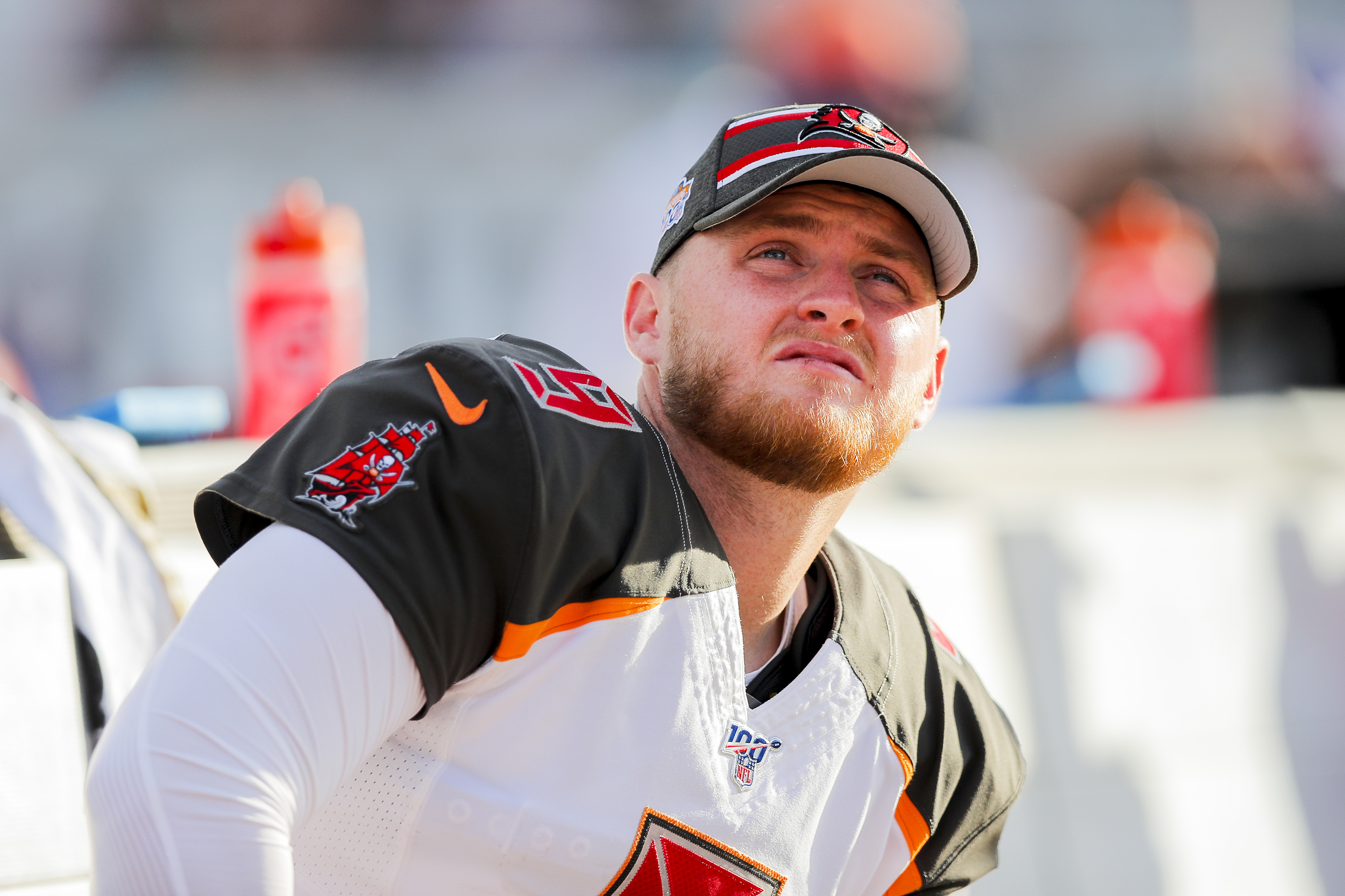 Matt Gay #9 of the Tampa Bay Buccaneers looks on from the sideline during the fourth quarter of a game against the Jacksonville Jaguars