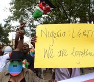 Kenyan gay and lesbian organisations demonstrate outside the Nigerian High Commission in Nairobi, one holding a yellow sign that reads: 'Nigeria: LGBTI, We are together'