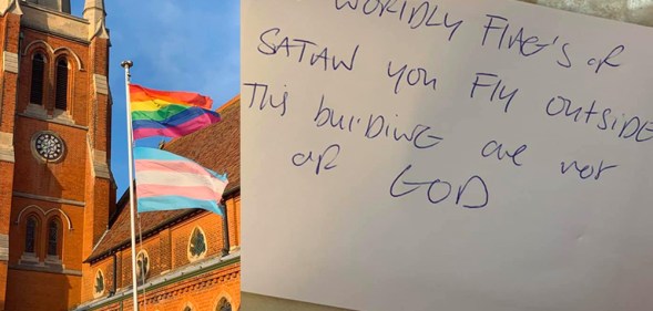 Rainbow and trans flags outside of a church told it is 'of Satan'