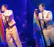 Our lord and saviour Harry Styles holding an LGBT+ Pride flag. We need this injected into our veins right now. (Screen captures via Twitter)