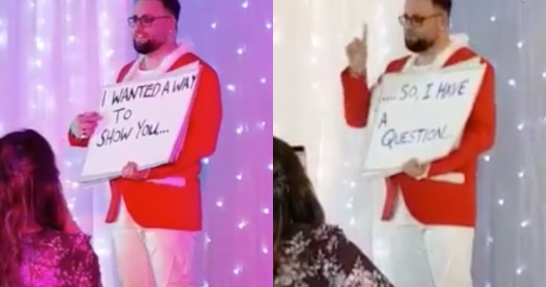 CJ Ewens proposed to his partner Christopher Nicoll in the style of the film Love Actually. Cry reacts only. (Screen captures via Facebook)