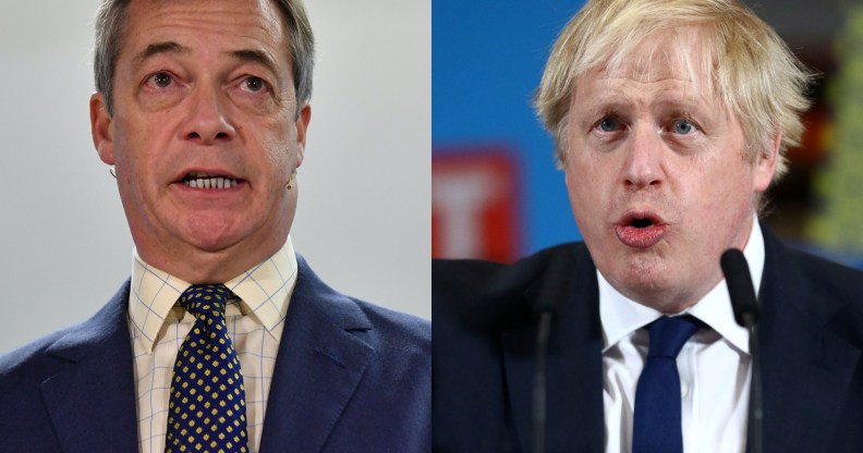 Nigel Farage (L) has sought to defend prime minister Boris Johnson amid continued calls for him to apologise for derisory language used in his journalism. (PAUL ELLIS/AFP via Getty Images/Hannah McKay - WPA Pool/Getty Images